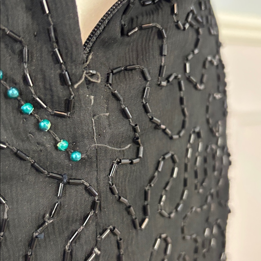 Vintage Carina Black Green Sequin Beaded Dress Size Medium 100% Silk Formal Sz M - Picture 15 of 15